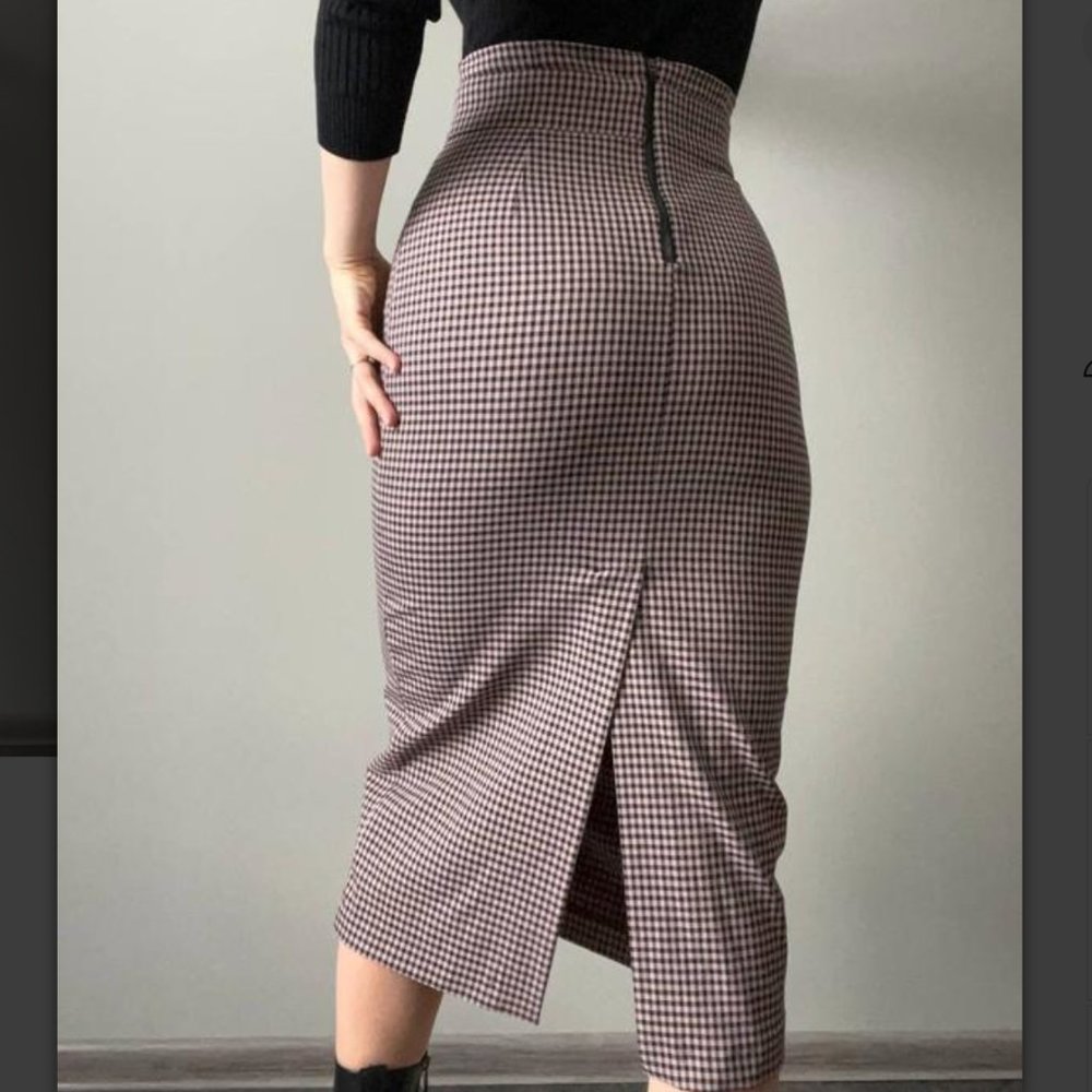 ZARA GINGHAM PLAID STRETCH EXPOSED ZIPPER PENCIL MIDI MAXI SKIRT_4